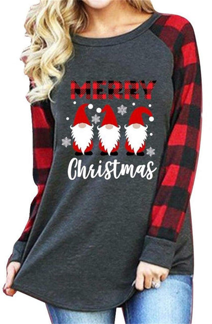 SFHFY Merry Christmas Shirts for Women Gnomes T-Shirt Lights Plaid Splicing Raglan Long Sleeve Tee Xmas Holiday Pullover Top Black Red