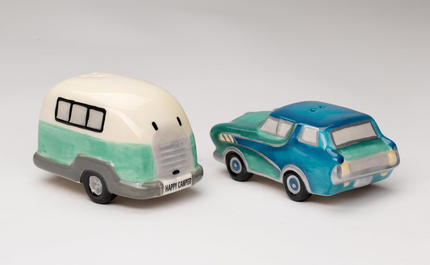 Fine Ceramic Happy Camper Car with Camping Trailer Salt and Pepper Shakers Set