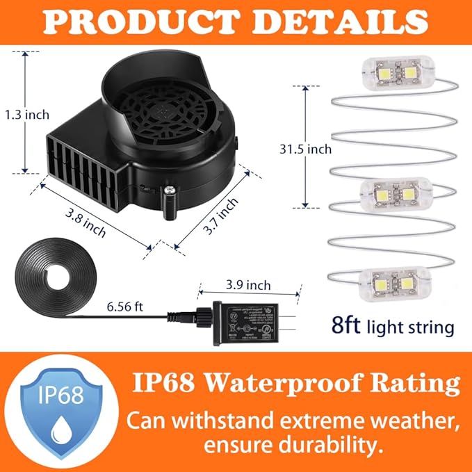Inflatable Fan Replacement 12V 0.8A, Mini Air Blower Fan with 12V 1A Adapter and 3 LED Bulbs for Halloween Christmas Inflatable Outdoor Yard Decorations