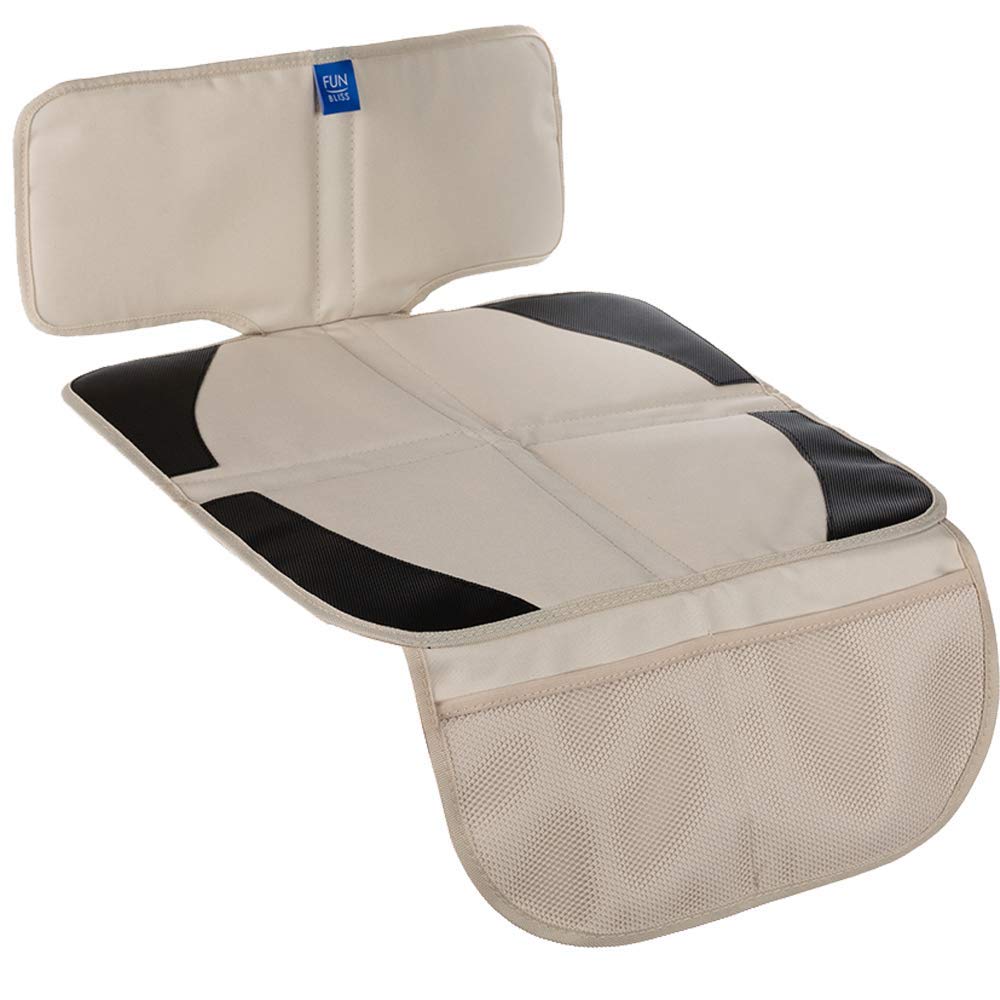 Funbliss car seat protector for child car seat Beige Thick Padding Carseat Kick Mat with Organizer Pockets,Waterproof 600D Fabric,Vehicle Dog Cover Pad for SUV Sedan Leather Seats