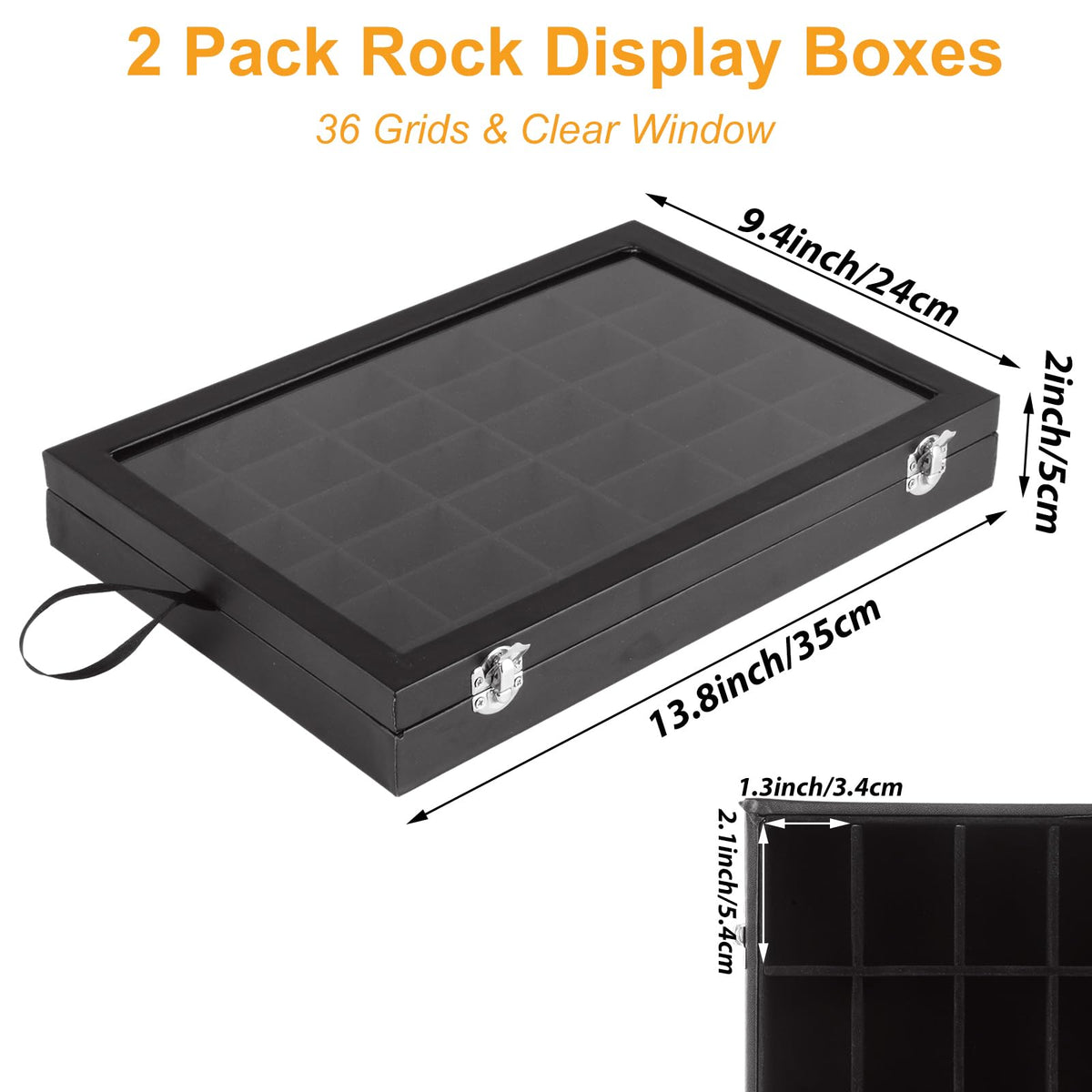 Acrux7 2 Pack Rock Collection Display Case, 36 Grid Rock Display Case, Black PU Leather Rocks Collection Box with Clear Glass Lid and Soft Velvet Grids for Collectibles, Gemstone, Crystal, Small Stone