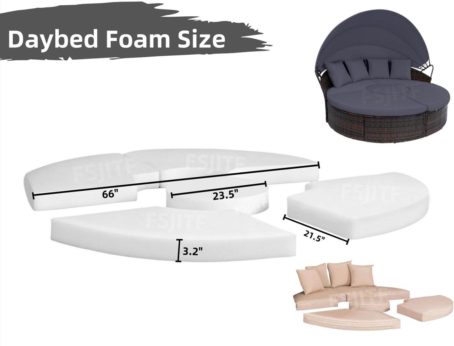 FSJITF Patio 66” 5 in 1 Round Foam,for Daybed Replacement 36ILD (Semi-Firm) Cushion