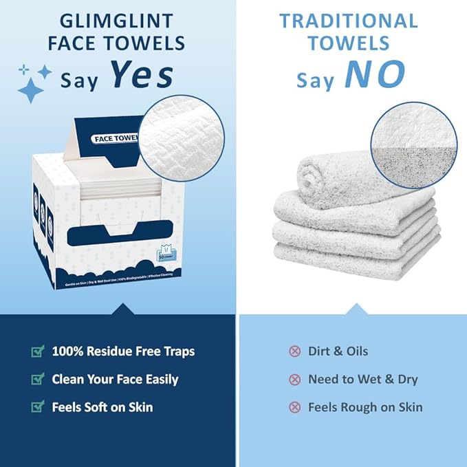 GLIMGLINT Face Towels, Biodegradable Makeup Remover Dry Wipes, Super Soft Clean
