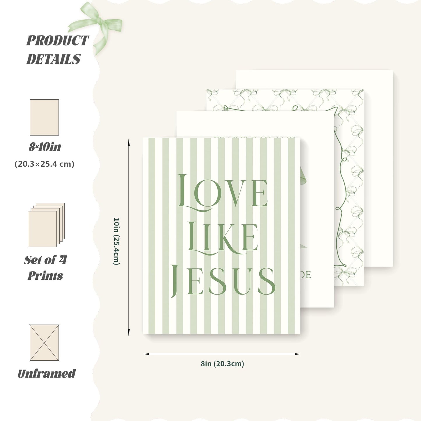 LARTSFRO Coquette Sage Green Bow Jesus Wall Art Decor Posters, Green Bow Christian Room Bedroom Bathroom Wall Art Decor Aesthetic for Teen Girls Gifts, Inspirational Bible Verses Bow Wall Decor, 8x10 Inch Set of 4 Bow Pictures(UNFRAMED)