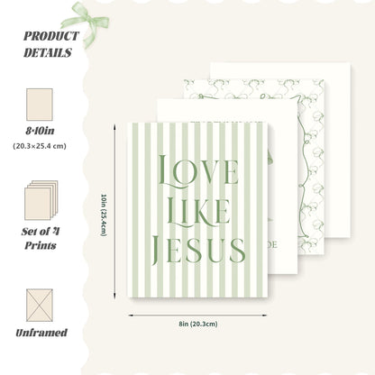 LARTSFRO Coquette Sage Green Bow Jesus Wall Art Decor Posters, Green Bow Christian Room Bedroom Bathroom Wall Art Decor Aesthetic for Teen Girls Gifts, Inspirational Bible Verses Bow Wall Decor, 8x10 Inch Set of 4 Bow Pictures(UNFRAMED)