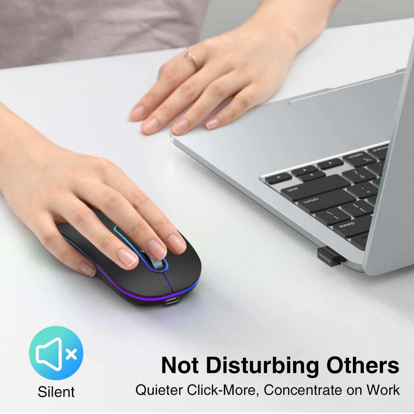 Rechargeable Wireless Mouse, 2.4G & Bluetooth Mouse for Laptop Slim Silent Mice Ergonomic Cordless Design with USB & 1600 DPI Compatible with Macbook iPad PC Computer Notebook Laptop