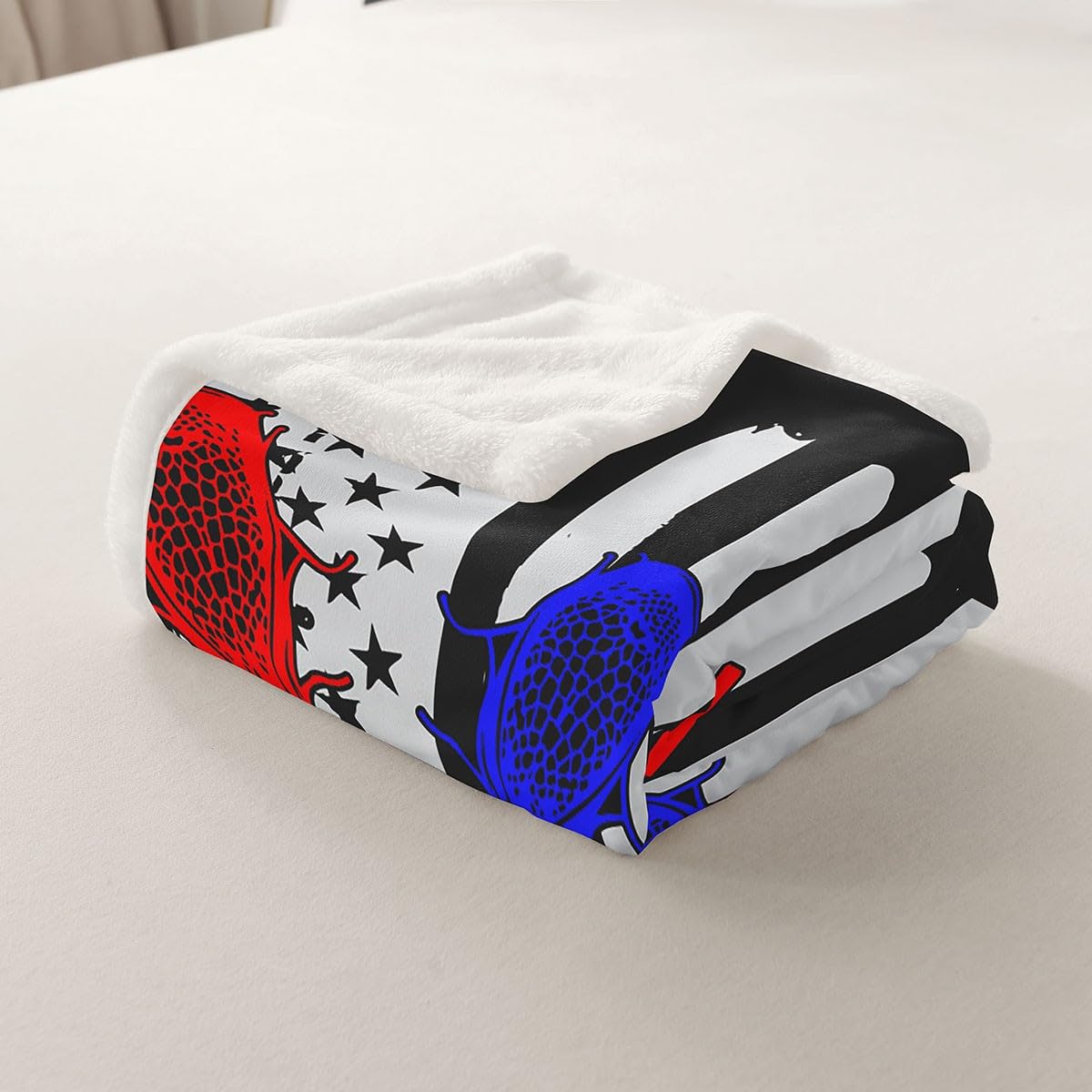 Lacrosse Sherpa Fleece Throw Blanket - American Flag Plush Blanket for Bed, Sofa, Couch - 40"x50" - Sports Games & Hockey Player Decor