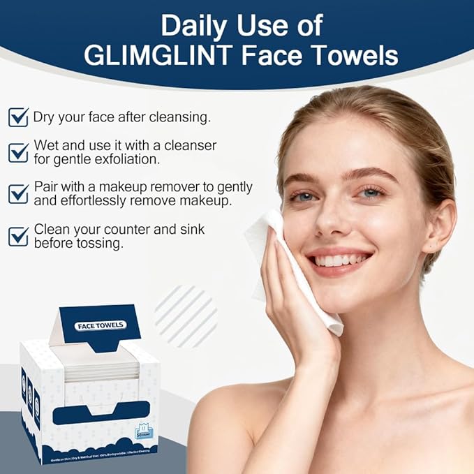 GLIMGLINT Face Towels, Biodegradable Makeup Remover Dry Wipes, Super Soft Clean