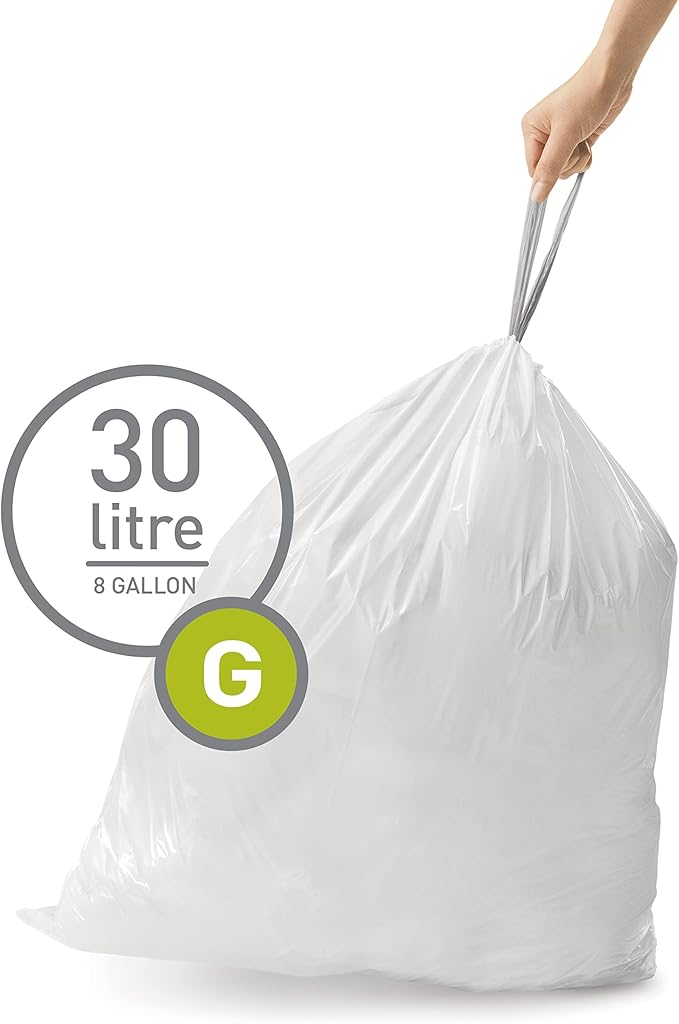 simplehuman Code G Custom Fit Drawstring Trash Bags, 30 Liter / 8 Gallon