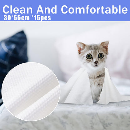 CHANHOO Disposable Pet Bath Towel,15 PCS Portable Pet Grooming Towels,11.8 x 21.6 inch Convenient Pet Cleaning Towel Pet Drying Towels,Absorbent Bath Towel for Small Dog Puppy Cat, White