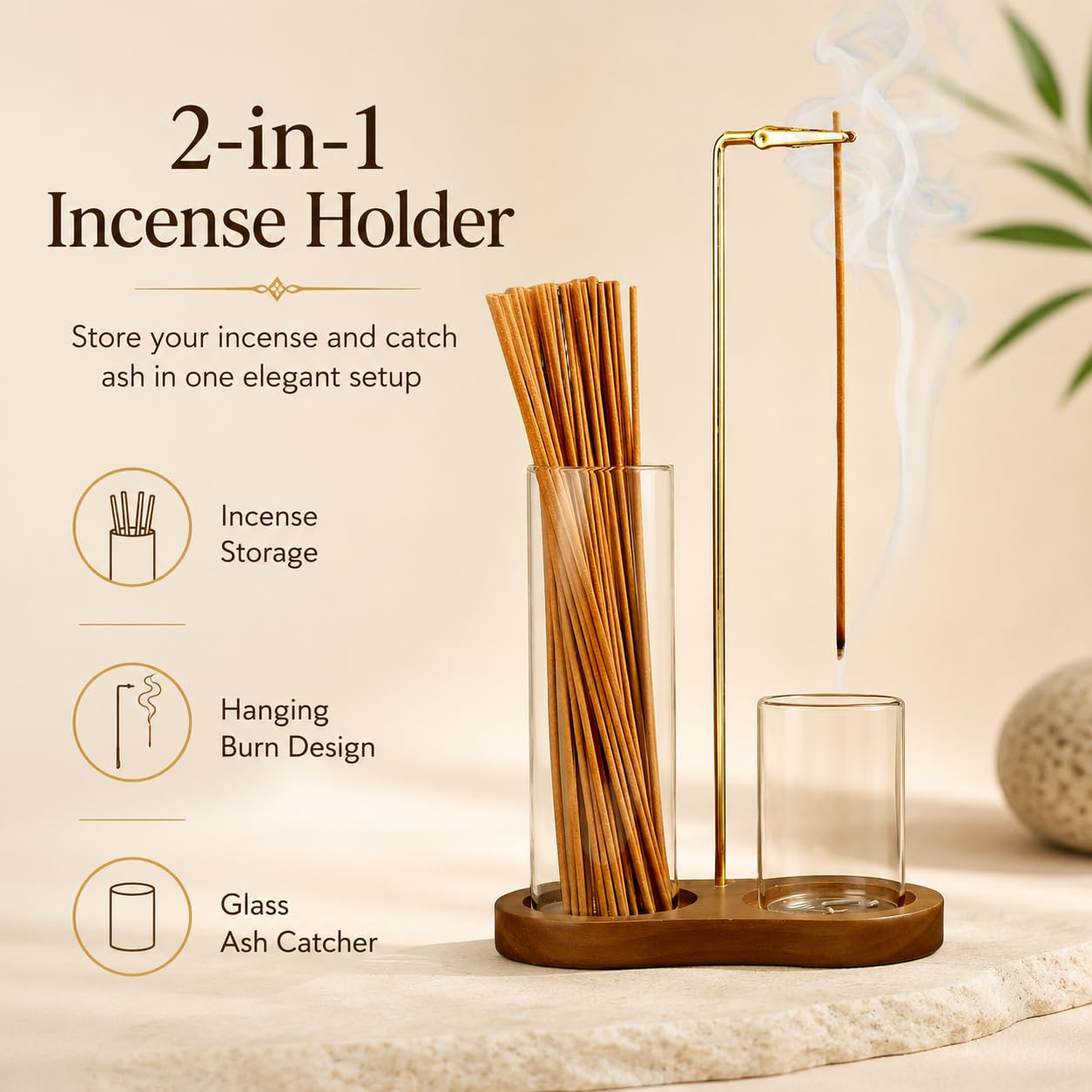 Incense Holder for Sticks, Wooden Incense Burner with Glass Ash Catcher, Anti-Ash Vertical Incense Stick Holder for Meditation Yoga Spa Home Decor