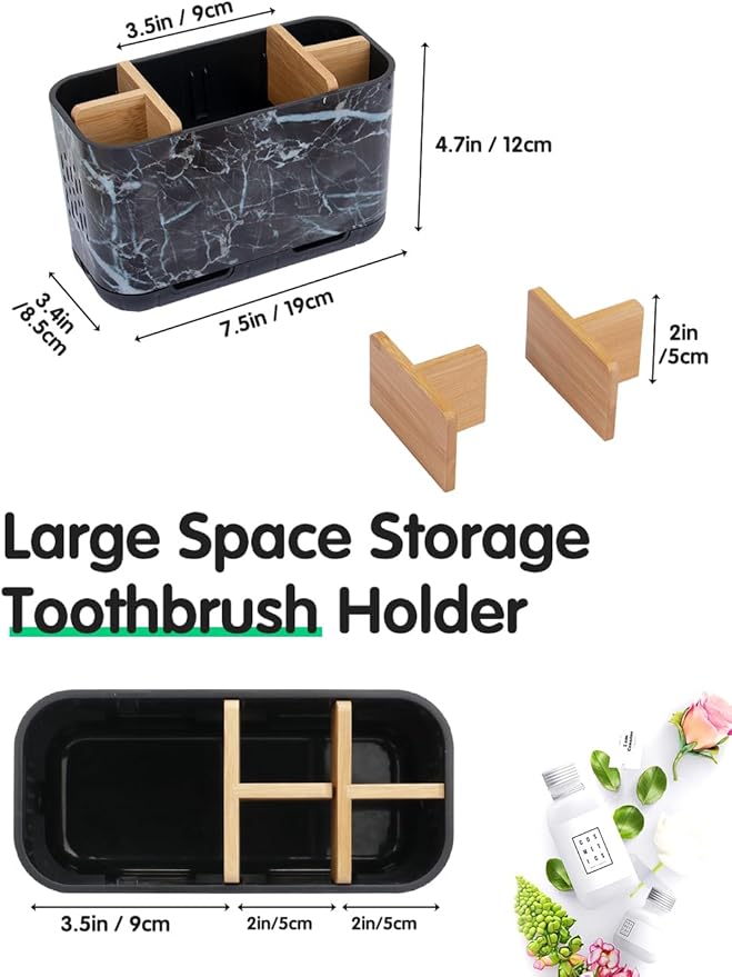 Marble Toothbrush Holders, 5 Slots Bamboo Toothbrush and Toothpaste Holder
