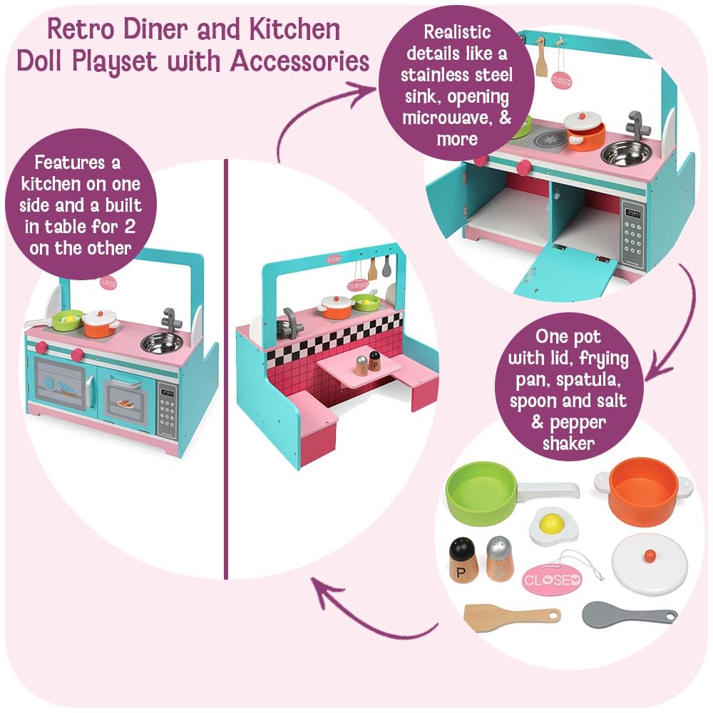 Badger Basket Double-Sided Retro Diner and Kitchen Doll Playset with Realistic Accessories for 18 to 20-Inch Dolls