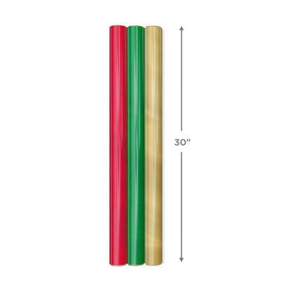 Hallmark Christmas Wrapping Paper Rolls - Solid Red, Green, Gold Metallic Foil Gift Wrap Paper (Set of 3 Rolls: 60 sq. ft. ttl.) for Holiday Parties, Hanukkah, Winter Weddings