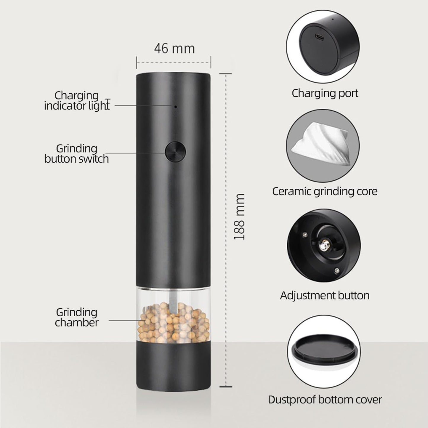 Lecroooi Electric Pepper or Salt Grinder, Automatic Pepper Mill with LED Light, Rechargeable Adjustable Coarseness Salt & Pepper Mill, Ideal for Kitchen, Outdoor, BBQ (1 Pack,Black)