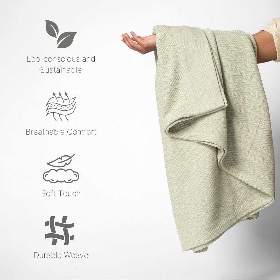 9Threads 100% Cotton Herringbone Weave Blankets, 66" X 90" Twin, Throw Blanket for Bed, All Season Cotton Blanket, Cozy Blanket,Throws & Bed Blanket, Throw Blanket for Couch, Modern Home Decor -Sage