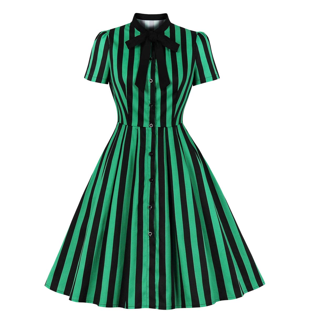 Wellwits Women's Tie Neck Halloween Gothic Black and Green Stripe Vintage Dress L
