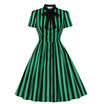 Wellwits Women's Tie Neck Halloween Gothic Black and Green Stripe Vintage Dress L