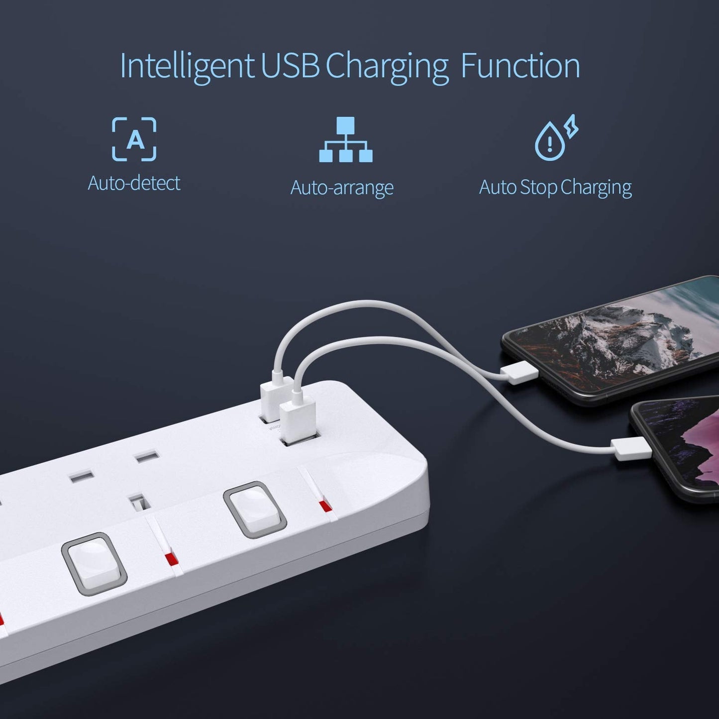 5M Extension Lead with Individual Switches, 13A 4 Way Power Strip 2 USB Lead with USB Slots Multi Plug Socket Extensions 5 Meters Long Extension Cord