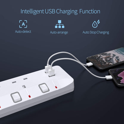 3M Extension Lead with USB Slots, 4 Way 2 USB Extension Socket with Individual Switches Mountable Power Strips with 3M Extension cable 3250W