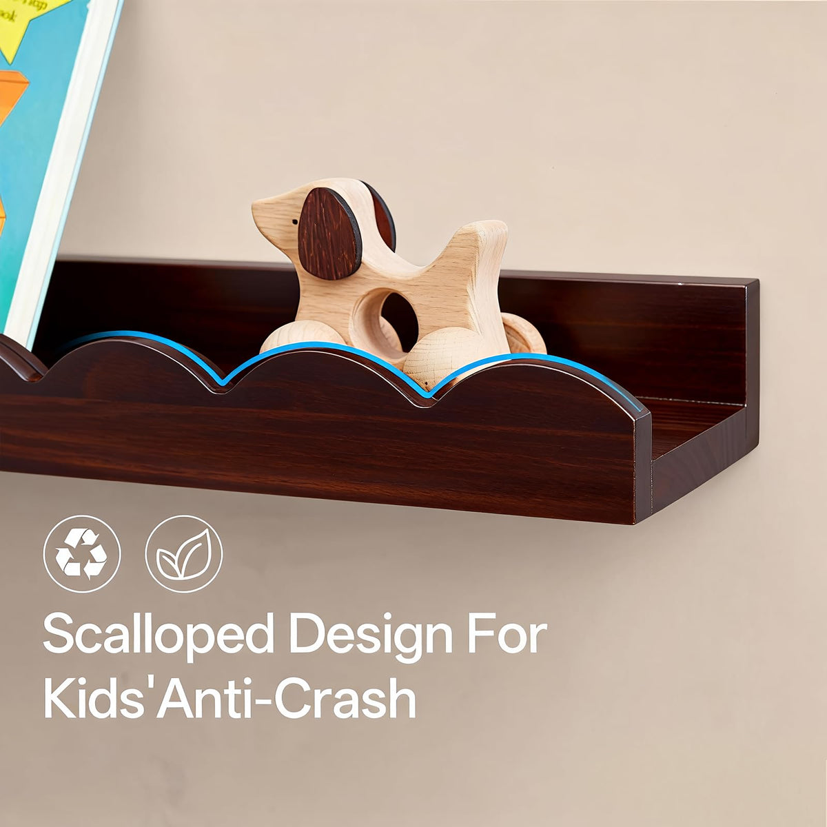 Conamily Walnut Scalloped Book Shelf, Dark Wood Nursery Book Shelves Set of 2 Pine Wooden Floating Bookshelf for Wall Cloud Picture Ledge Shelf for Kids Bedroom Baby Child Toddler Room Kitchen(90cm)