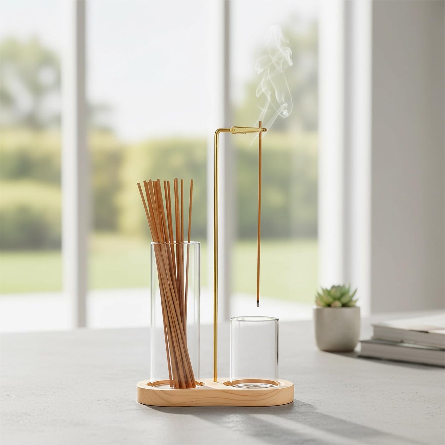 2-in-1 Incense Stick Holder with Glass Ash Catcher, Dual Glass Cups & Metal Clip, Minimalist 8-Shaped Wooden Base, Home Decor Gift (Dark Base)