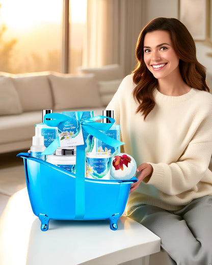 Mothers Day Gifts for Women Bath & Body Gift Set, Bath Basket Spa kit Gifts for Her Him Birthday Gift for Woman, Self-care Home Spa Kit, 8pcs Christmas Gift for Women Ocean Vanilla, Spa Gift Baskets