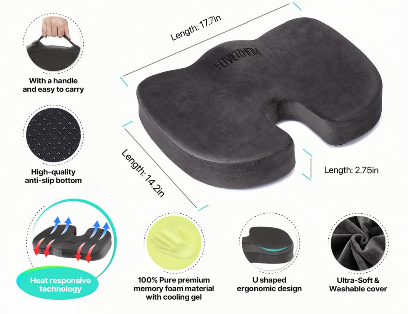 foverhom Gel Seat Cushion for Long Sitting,Office Chair Cushion for Tailbone Pain Relief,Non Slip Orthopedic 50 Density Slow Rebound Memory Foam Car Seat Cushion with Handle and Concealed Zipper