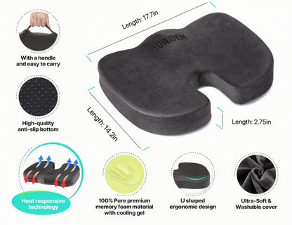 foverhom Gel Seat Cushion for Long Sitting,Office Chair Cushion for Tailbone Pain Relief,Non Slip Orthopedic 50 Density Slow Rebound Memory Foam Car Seat Cushion with Handle and Concealed Zipper