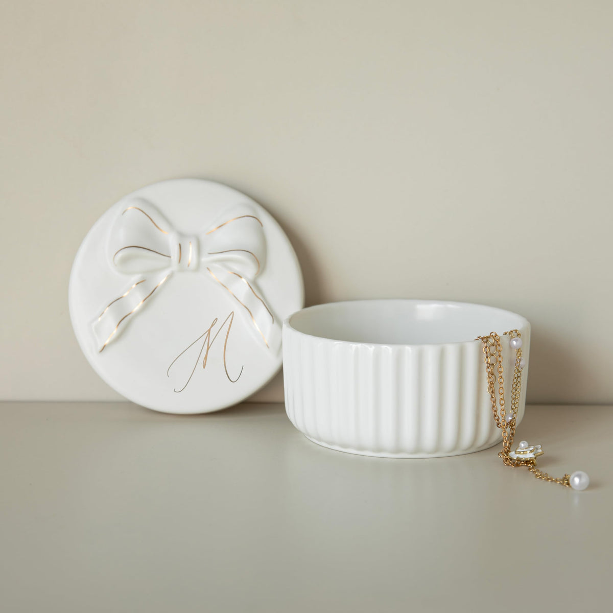 COLLECTIVE HOME Monogram Initial Jewelry Box with Bow - Elegant Ring Holder & Earring Dish | Christmas Gift Idea for Women, Unique Birthday Present for Her (M)