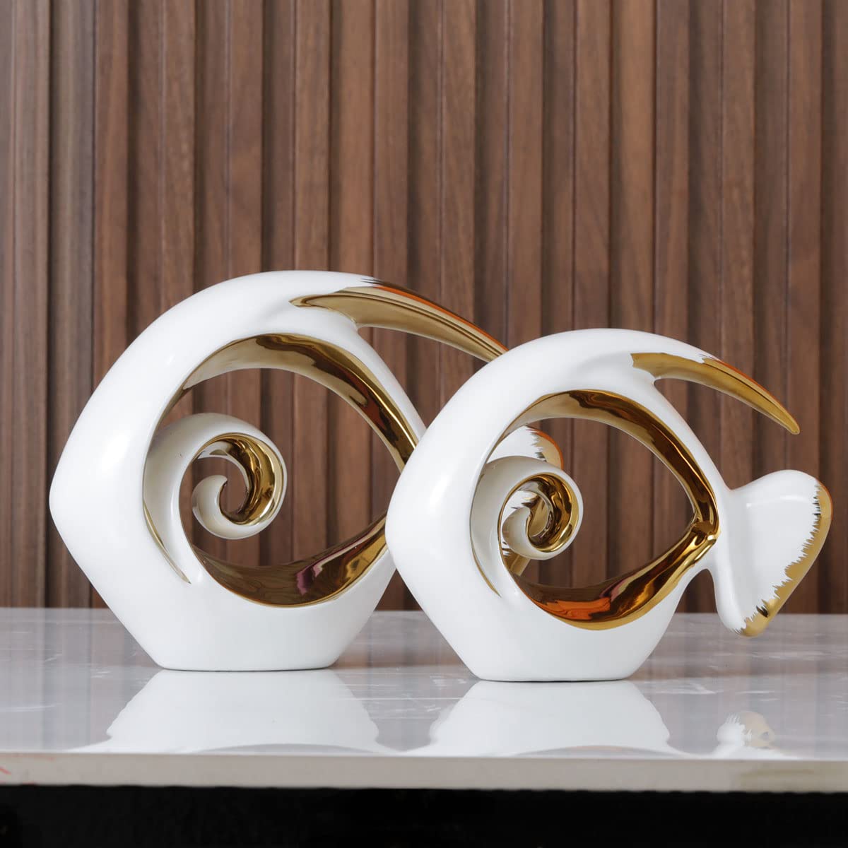 White Gold Ceramic Fish Figurines - Coastal Home Decor, Modern Ocean Centerpieces for Living Room, Dining Area, Bathroom, Office, Coffee Table, Beach House, Nautical, Seaside, Entrance, Shelf Display