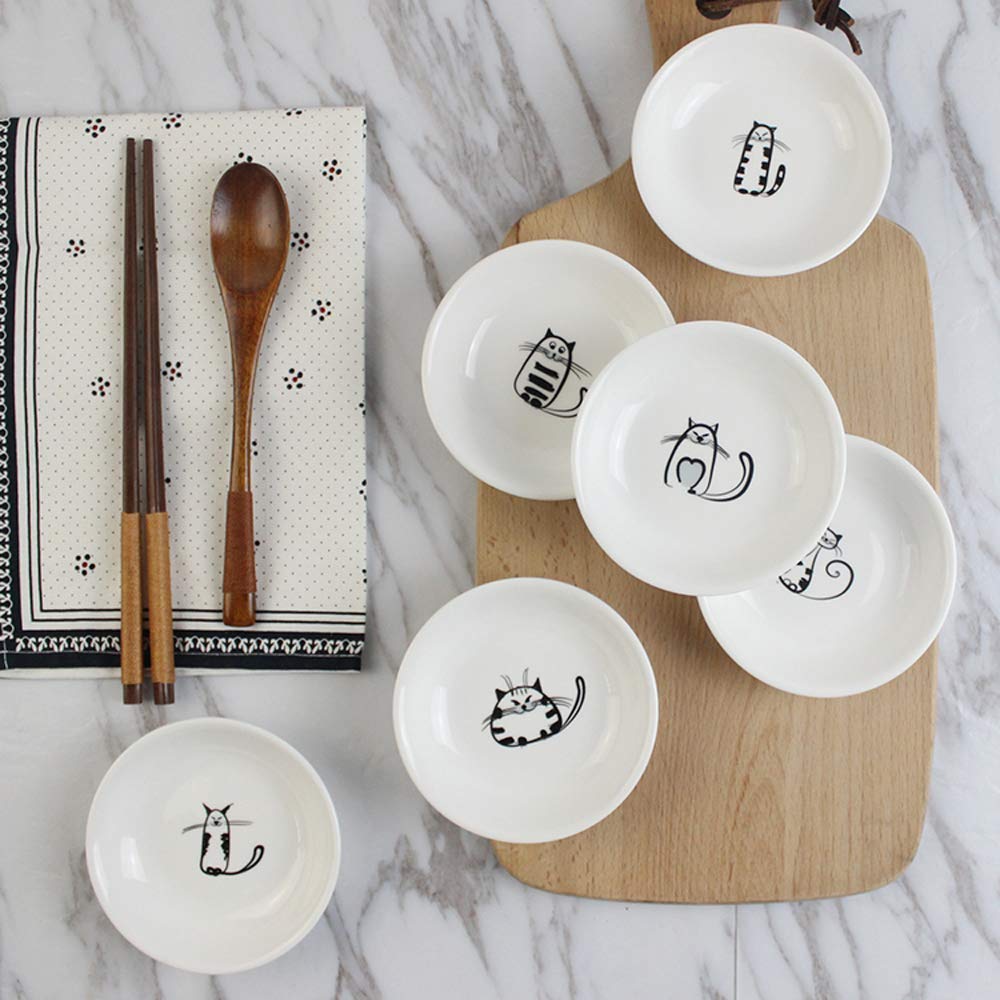FUYU 6pcs Cute Cat Ceramic Sauce Plate, Snack Plate, Side Dish, 4 inches