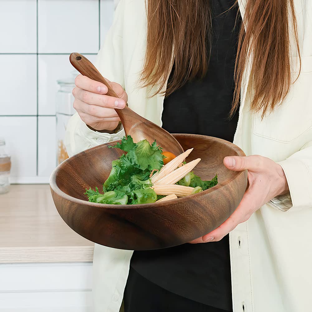 AOOSY Acacia Wood Salad Bowl Set — 9Inch Handmade Wooden Bowl with Serving Spoon & Fork, 3-Piece Mixing & Serving Set