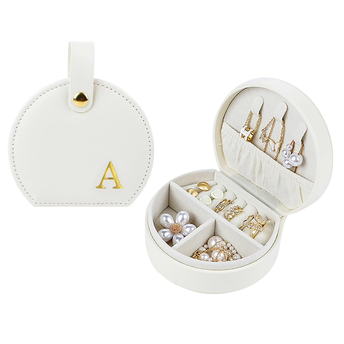 Travel Jewelry Case,Personalized Jewelry Box,Elegant Half-Moon Design with Personalized Golden Initial Case,Personalized Gifts for Women,Jewelry organizer;Personalized Gifts for Women or Friends(A)