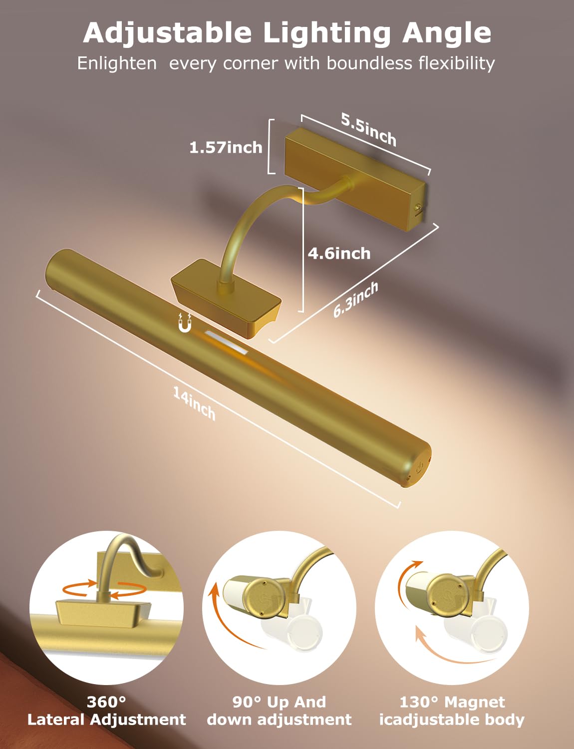 13" Aluminum Wireless Picture Lights for Wall, 5000mAh Rechargeable Battery Operated Wall Art Lighting, Dimmable 3-Color Gallery Painting Light for Pictures On Wall, with Remote/Timer [Gold, 2Pack]