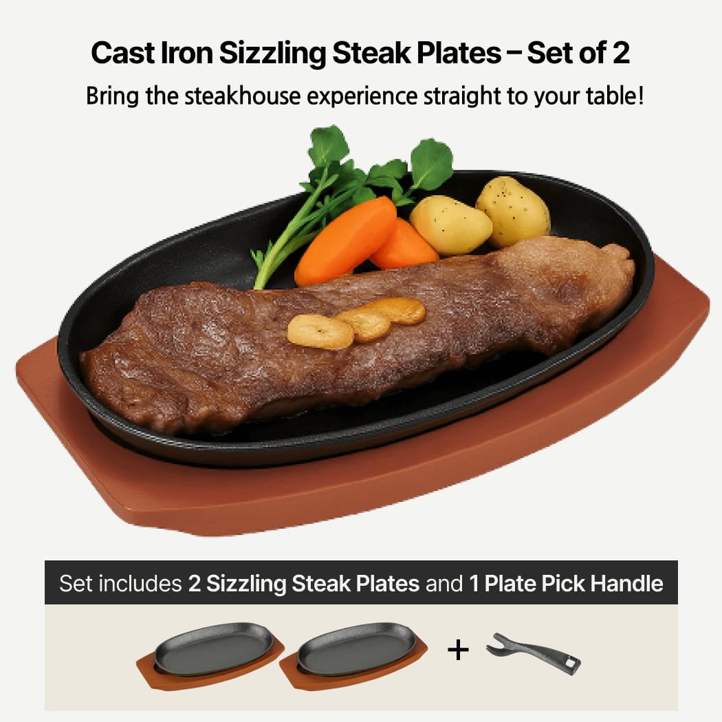 JapanBargain, Set of 2 Cast Iron Sizzling Plates with Wooden Bases – Steak & Fajita Serving Platters – Pre-Seasoned Grill, Oven, Induction Safe – 9.5" x 5.5" Plates, Home or Restaurant Use