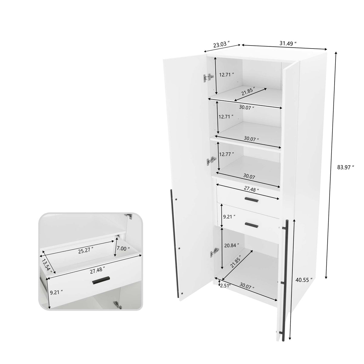 Manhattan Comfort Lee Freestanding Closet | Space-Saving Storage Cabinet with 4 Shelves, 1 Hanging Rod, 2 Drawers, 3 Shoe Shelves & 1 Large Storage Area | No Tool Assembly, 2 Piece Set, White