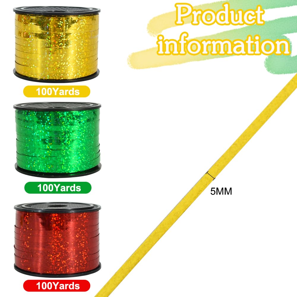 BEISHIDA 3 Pack 100 Yards Gold Red Green Ribbon Curling Crimped Glitter Ribbon Balloon String Shiny Metallic Gift Wrapping Ribbon Birthday Party Christmas Art Craft Decoration