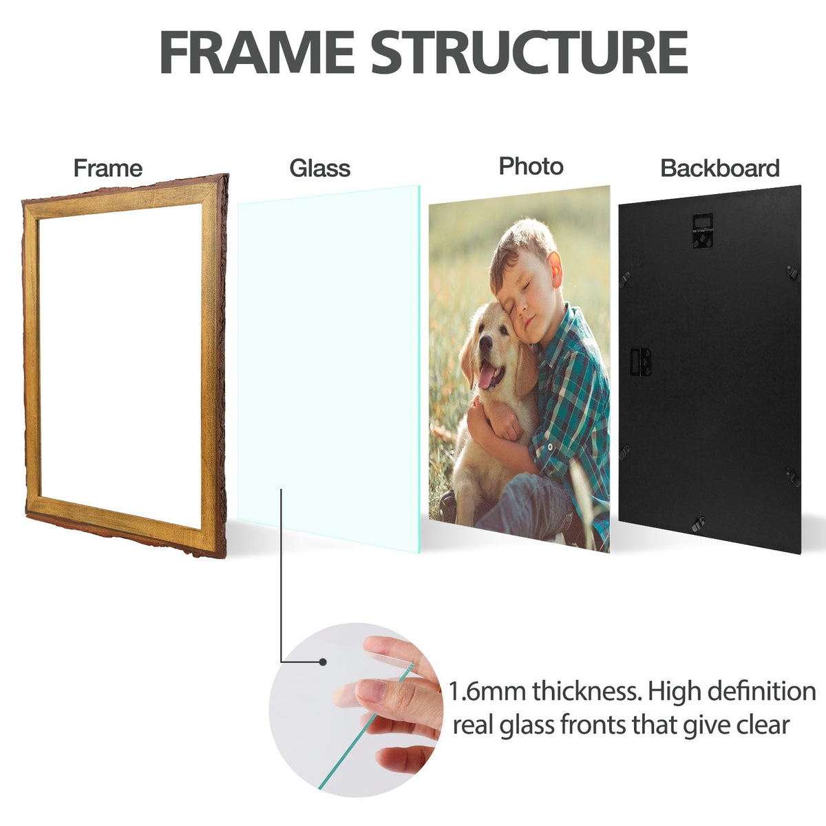 Golden State Art, 11x14 Picture Frame Rustic Brown, Solid Wood Picture Frame with Bark Edges & Real Glass Cover, Display Posters/Photos/Prints 11x14 for Wall Mounting, Farmhouse Decor