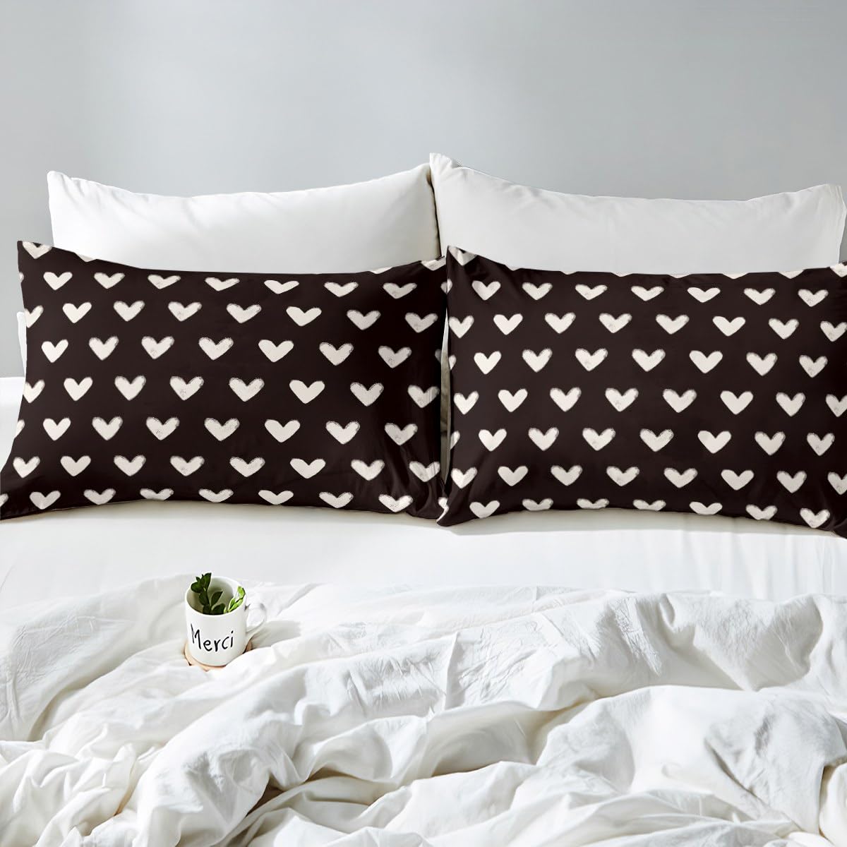 Erosebridal Love Bed Sheets Full Size White and Black Heart Shaped Bedding Set for Teenager Girls Valentine Cartoon Geometric Flat Fitted Sheet Kawaii Love Heart Bedroom Decor 4Pcs