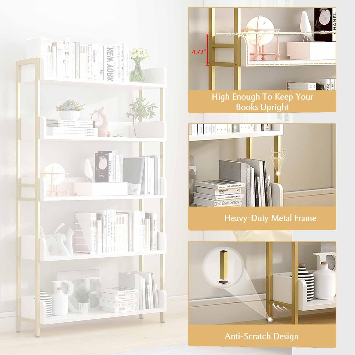 OSCHF Wide Open Shelf Bookcase - Modern 3-Tier Floor Standing Display Bookshelf with Three-Side Panels for Home and Office, Storage Shelving in Warm White with Gold Frame