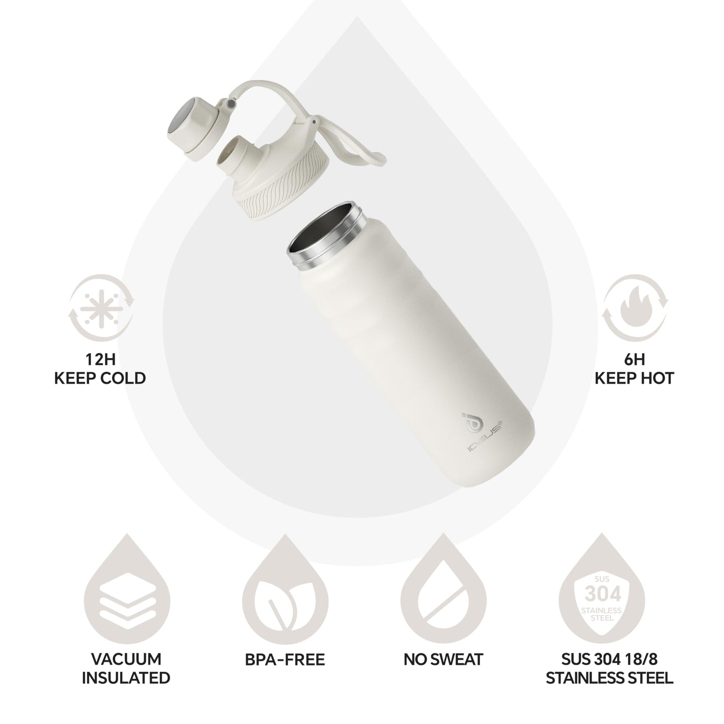 IDEUS Insulated Stainless Steel Water Bottle with 2 Leak-Proof Lids, Thermal Water Flask for Hiking Biking, 24oz, White