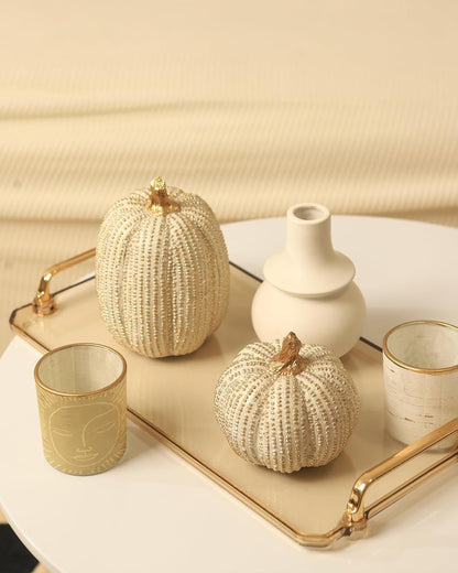 Fall Thanksgiving Pumpkin Decor Figurines, 2 PCS Fake Pumpkin Statues for Tabletop Decorating, White and Gold Resin Pumpkins for Autumn Harvest Luxury Fall Home Decor, Farmhouse, Gift Package