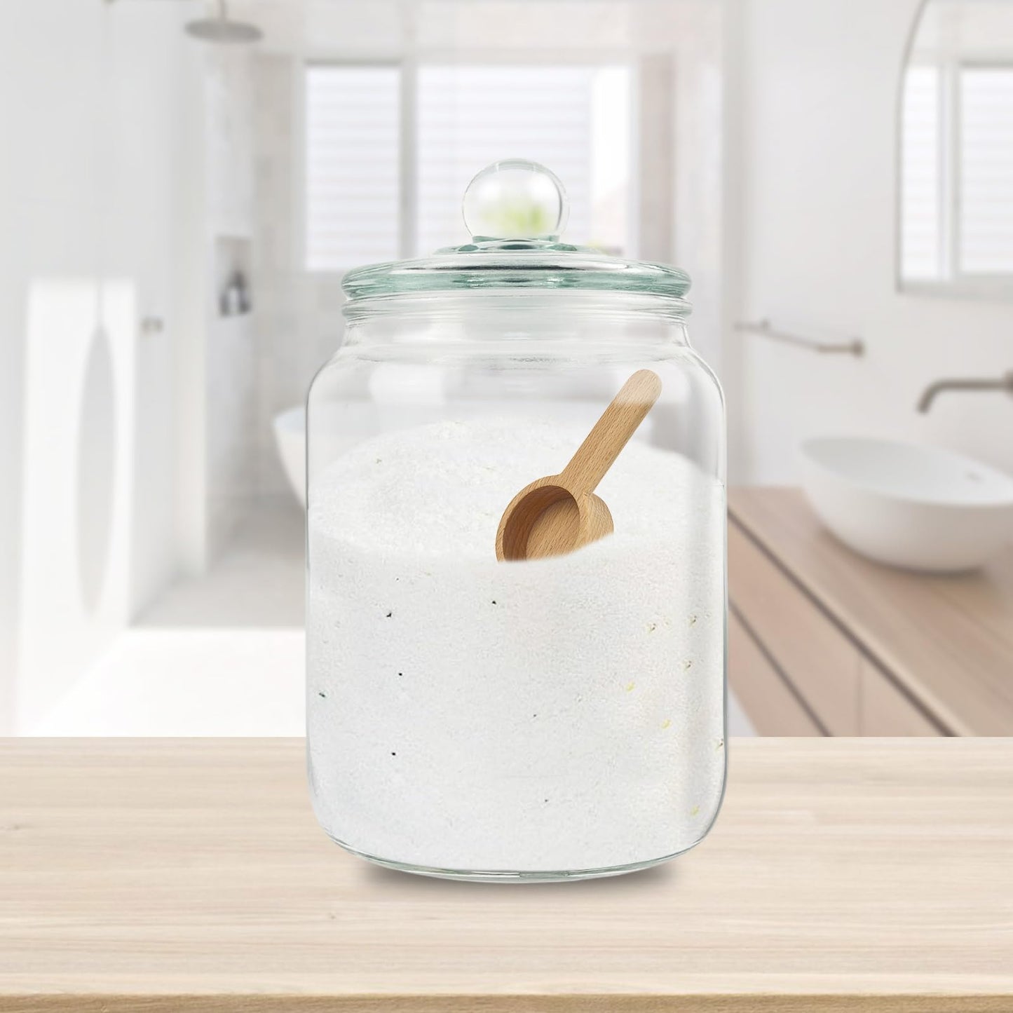 Global BathGlow 70 oz Bath Salt Set - Glass Jar with 2 Wooden Scoop & Airtight Lids, 2 Large Storage Canisters for Salt, Candy, Tea, Bath Decor