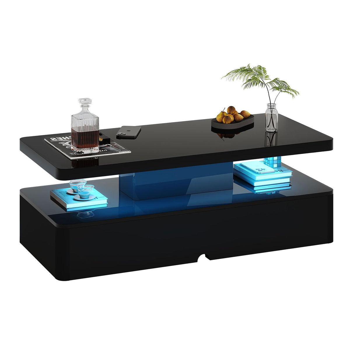 MXV Modern Coffee Table, 40 Inches Coffee Tables with 16 Colors LED Lights, 2 Tier Rectangular Center Table, Large Storage Space, High Glossy Wooden Tea Table for Living Room, Bedroom, Office, Black