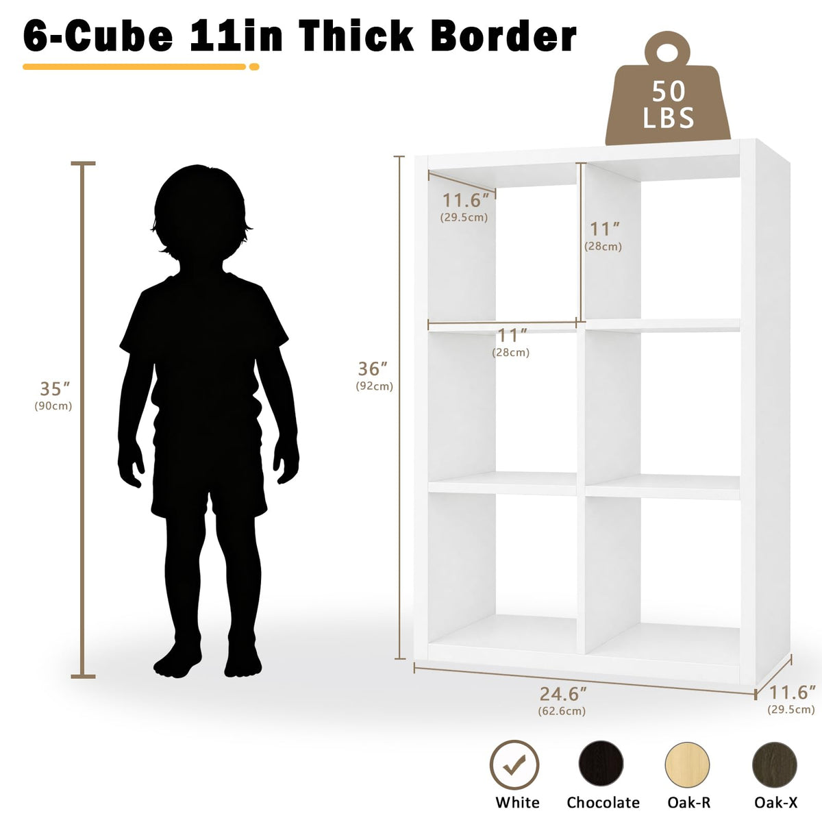 Endearing Limons【2026 Wooden Thick Border 6 Cube Shelf Storage Organizer with Anti-Tipping Kits + Reversible Open Back Bookcase (11 * 11 Unit Cell White)