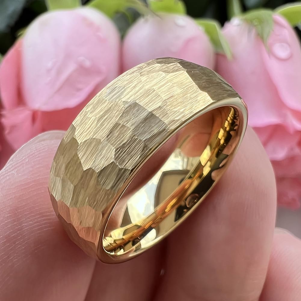 TUTISS 8mm Gold Hammered Tungsten Rings for Men Women Engagement Wedding Bands Domed I Love You Engraved Comfort Fit Size 9