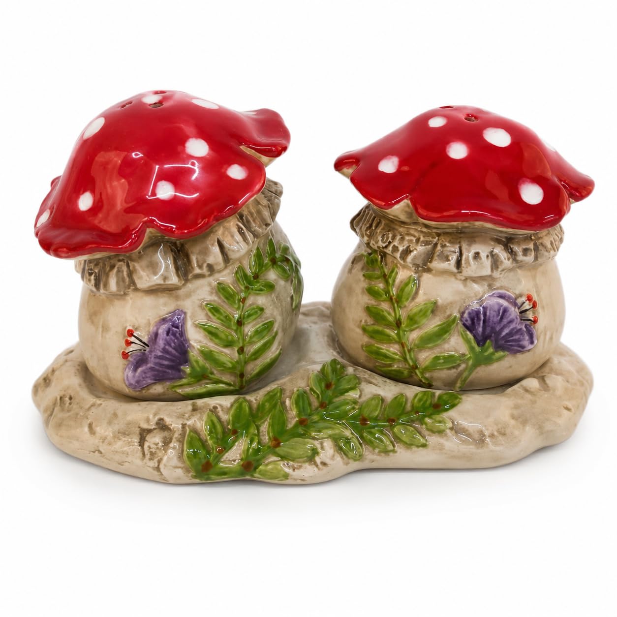 Blue Sky Clayworks Flourishing Mushroom Salt and Pepper Set with Delecate Violet Floral Accents