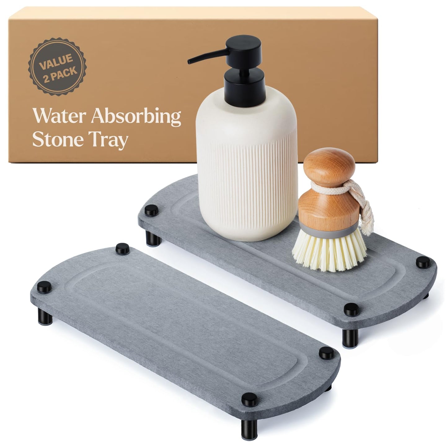 TWINKLE MOMENT 2PCS Water Absorbing Stone Soap Tray for Kitchen Bathroom Sink, Quick Dry Diatomaceous Earth Drying Rack and Shower Caddy, Soap Dispenser and Sponge Holder Organizer for Countertop