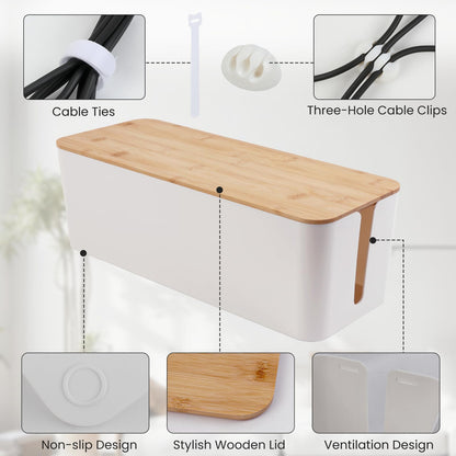 2 Pack Cable Management Box - Cord Organizer Box with Wooden Lid for TV Wires, Power Strips, Router, USB Hub & Under Desk Power: Baby & Pet Proof Cord Management, Cord Hider for Home & Office (White)